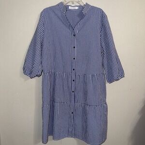 Women's CCTOO Button Front Tiered Blue Gingham Mini Dress Cuff Sleeves Size‎ L